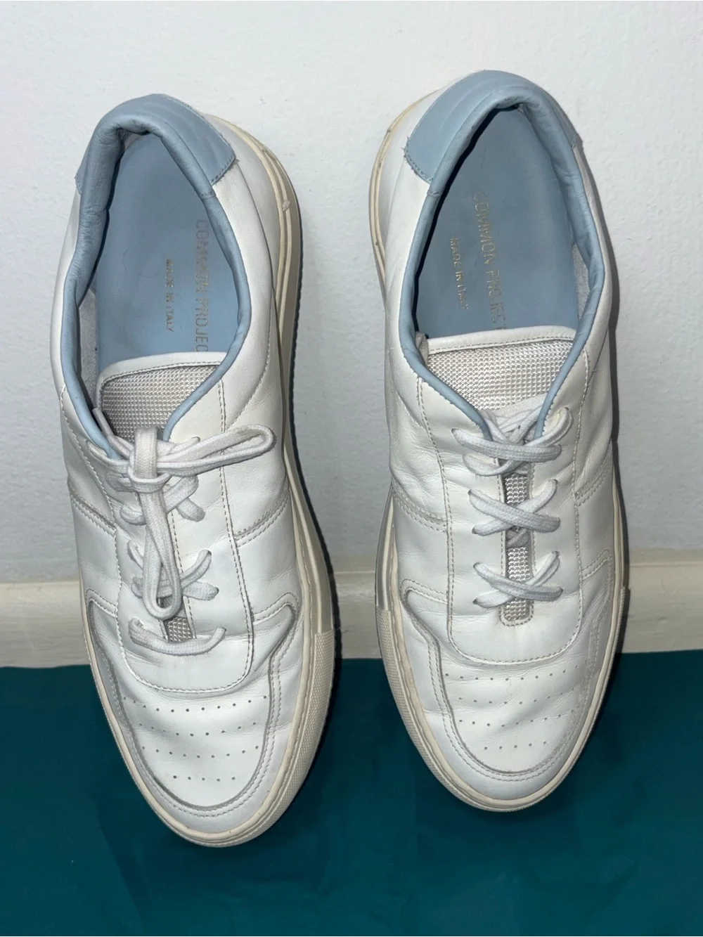 Common Projects White Sneakers with Light Blue Heel and Lining